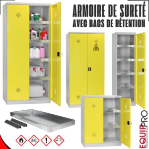 Armoire de sûreté produits dangereux avec bacs de rétention, stockée chez Equip’Pro à Montceau-les-Mines (71300)