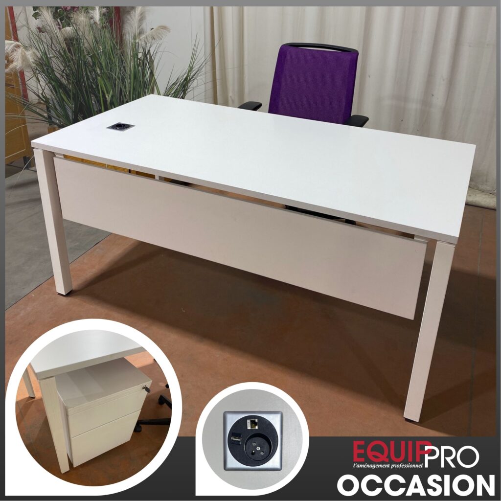 Bureau blanc occasion 160x80 avec option caisson mobile et bloc prises chez Equip'Pro à Montceau-les-Mines (71300)