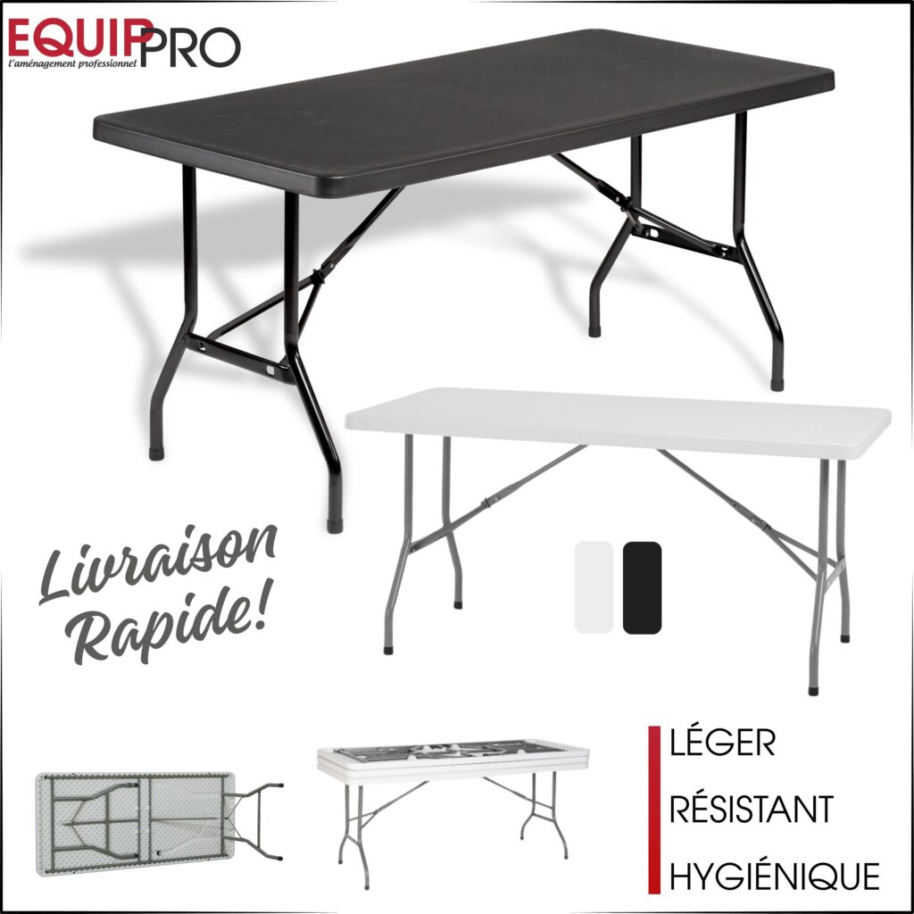 Table pliante plastique empilable 152x76 en PHD blanche ou noire chez Equip'Pro à Montceau-les-Mines (71300)