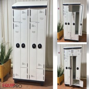 Vestiaire en L occasion 4 portes gris clair avec moraillon cadenassable chez Equip'Pro à Montceau-les-Mines (71300)