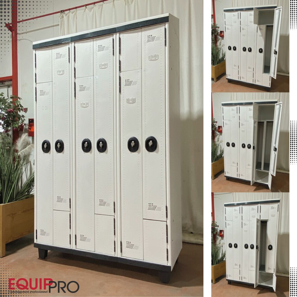 Vestiaire en L occasion 6 portes gris clair avec moraillon cadenassable chez Equip'Pro à Montceau-les-Mines (71300)