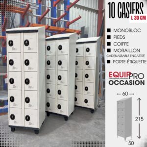 Vestiaire multicases occasion 10 casiers gris clair en métal avec pieds et coiffe inclinée chez Equip'Pro à Montceau-les-Mines (71300)