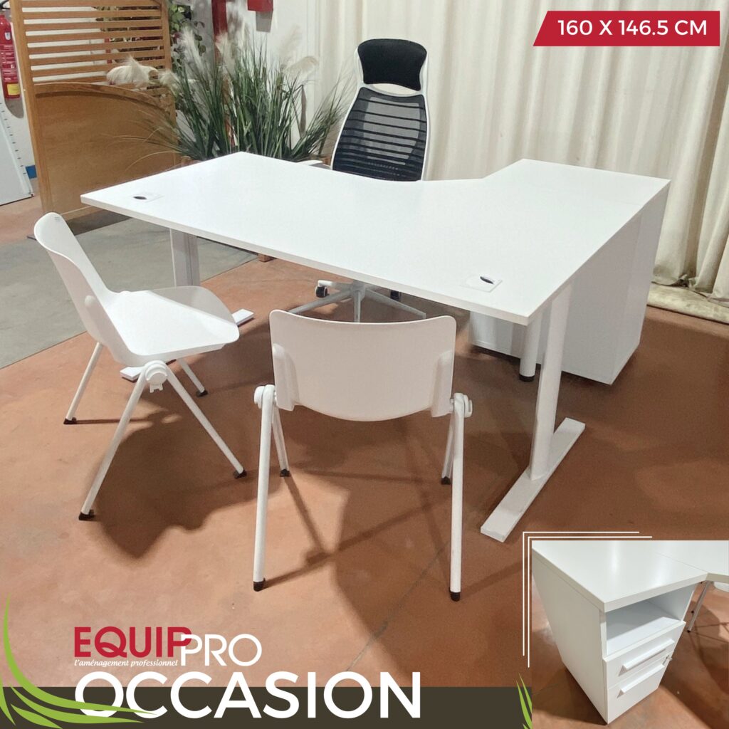 Bureau d’angle occasion avec caisson hauteur bureau blanc chez Equip'Pro à Montceau-les-Mines (71300)
