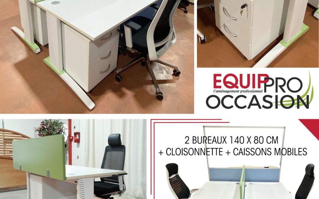 Bureau double d’occasion 140 x 80 + cloisonnette + caissons