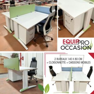 Bureau double d’occasion 140 x 80 avec cloisonnette verte et caissons mobiles chez Equip'Pro à Montceau-les-Mines (71300)