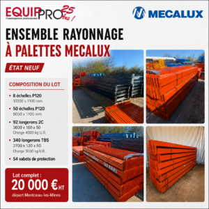 Ensemble rayonnage à palettes Mecalux état neuf pour stockage industriel chez Equip'Pro à Montceau-les-Mines (71300)
