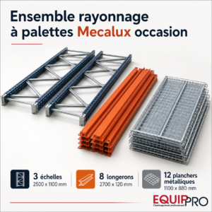 Ensemble rayonnage à palettes Mecalux occasion avec échelles, longerons et planchers métalliques chez Equip'Pro à Montceau-les-Mines (71300)
