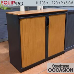 Armoire basse à rideaux occasion Steelcase anthracite et poirier chez Equip'Pro à Montceau-les-Mines (71300)