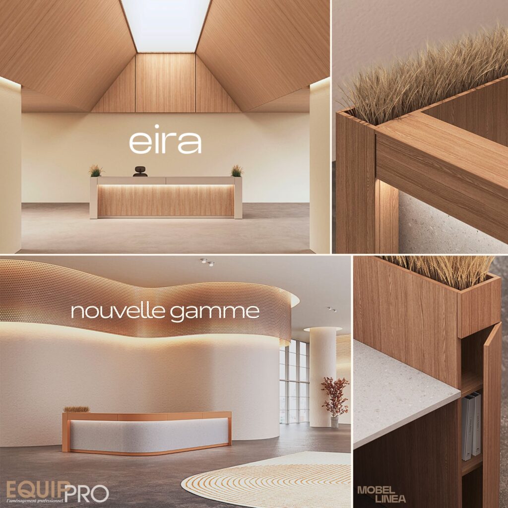 Banque d’accueil droite ou courbe Eira Mobel Linea avec finitions bois chez Equip'Pro à Montceau-les-Mines (71300)